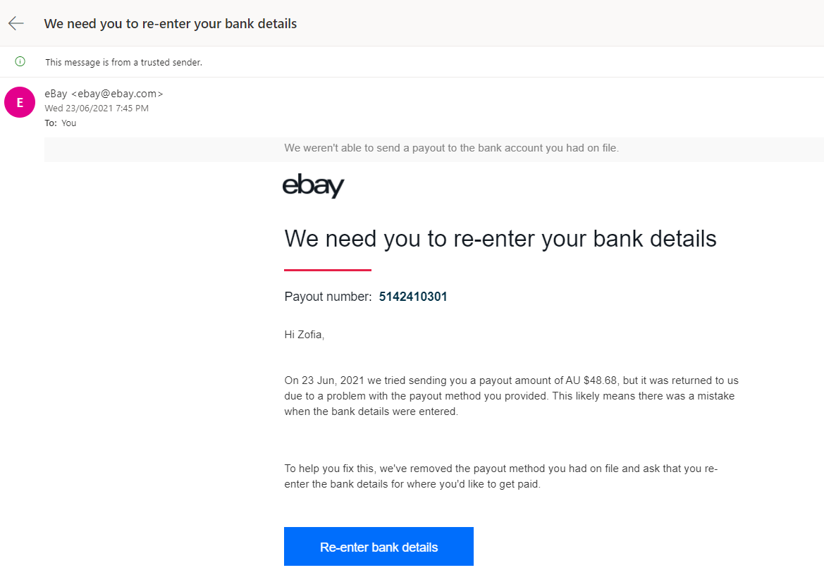Solved Scam email asking for bank account details? The eBay Community